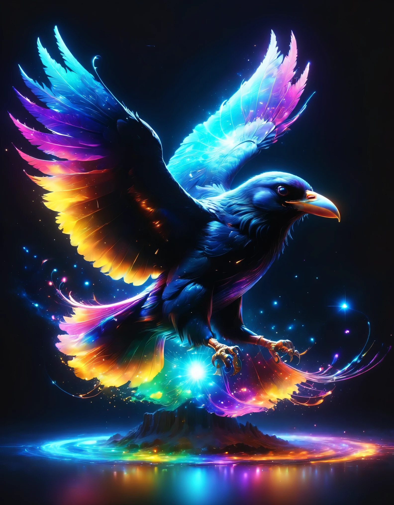 Image of a digital space:network:Science:Holography,Flying crow:overlooking,masterpiece,最高masterpiece,highest quality,rendering,rich colors,colorfulな呪文を唱える,dream-like,Detailed details,In detail,,bright colors,beautiful光と影,magic,dream-like,Inspiration,beautiful,rendering,colorful,wonderful,particles of light,get used to it,masterpiece,最高masterpiece,Art work using light,Artistic,get used to it,Dark fantasy elements