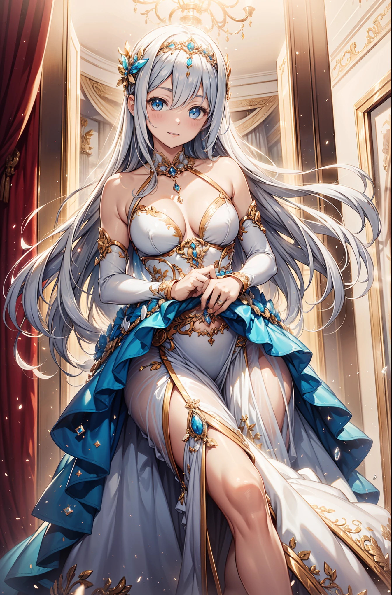 {{{{masterpiece}}}}, {{{super detailed}}}, {{{HD}}}, {{good anatomy}}, (((best quality))), ((Very delicate and beautiful)), {{Very detailed and refined}}, {8k CG wallpaper}, {{EnLightenment}}, (Divine Goddess Wedding Dress:1.2),Blonde,Blue Eyed Minimalism,Ruffles,Transparent lace,Beautiful accessories,Exquisite patterns,dress nicely,Mythical Crown,see through transparent clothes,A small amount of dark blue and white patterns,Beautiful and delicate face,Bedroom scene in western mythology,night,Light,night,the only person,(flowing skirt:1.1),seductive pose