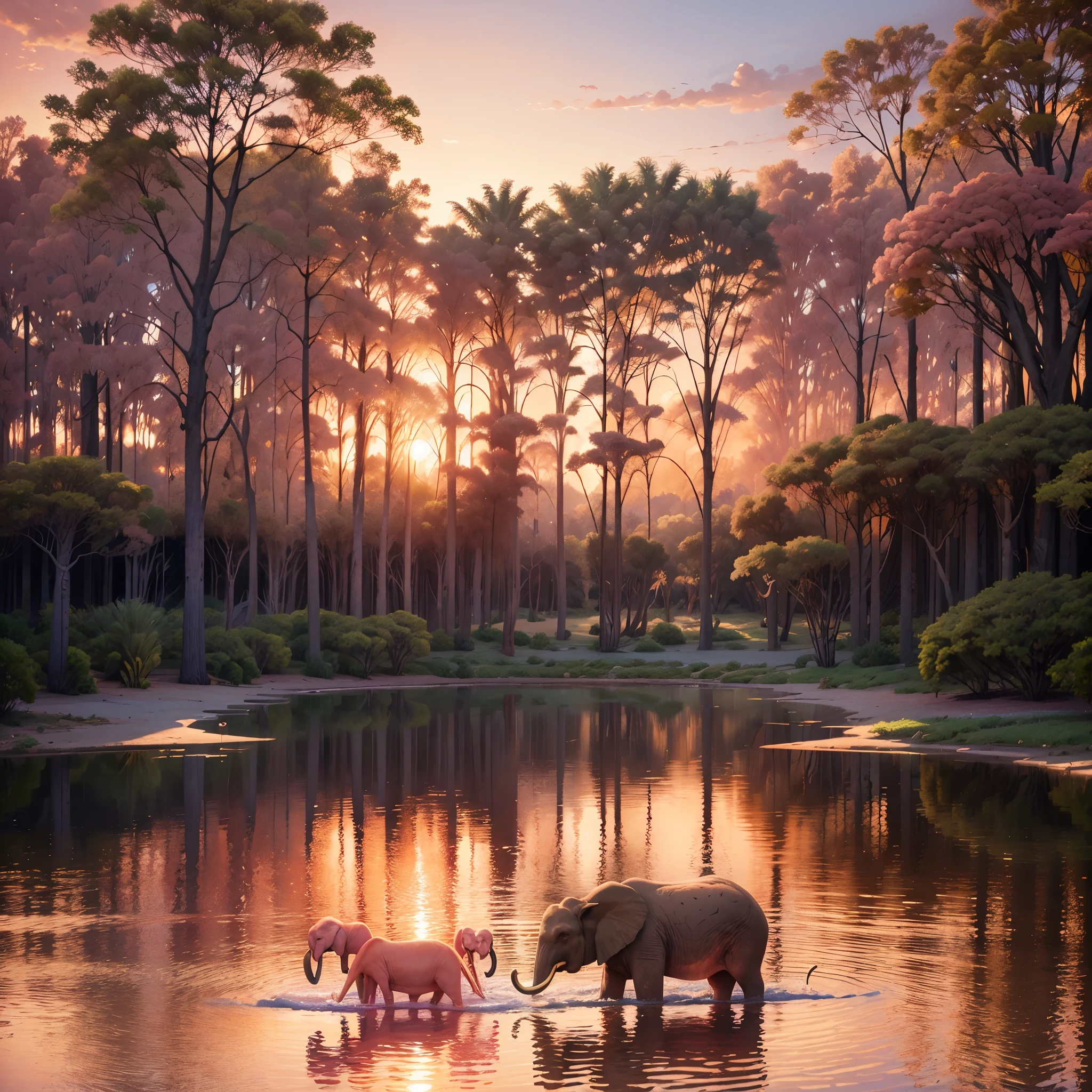 Family of African elephants drinking water from a large lake at sunset, hippopotamus, buffalo, Flamingos in a pink and orange sky, Palm trees facing the lake.