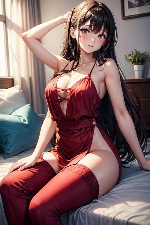sax brook person, sax brook, (masterpiece:1.2), (highest quality:1.2), perfect eyes, perfect face, 1 girl, alone, brown eyes, (medium breasts), perky chest, long and beautiful hair,red pj, lying on the bed, attractive appearance, put your hands behind your head, Side view