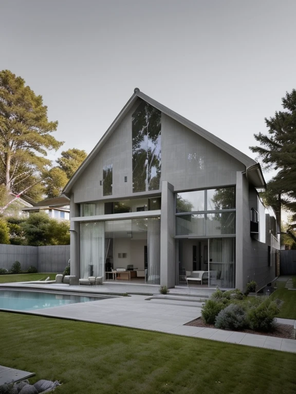 prompt:
color photo of a modern and minimalist grey-colored Midcentury home. The house exudes an elegant and sophisticated vibe with its sleek lines, clean design, and neutral color palette. The exterior of the home is painted in a beautiful shade of grey, which perfectly complements the surrounding landscape. Large windows allow an abundance of natural light to flood the interior, creating a bright and airy atmosphere. The architectural details, such as the flat roof, angular shapes, and minimalistic landscaping, add to the overall contemporary aesthetic of the house. This grey Midcentury home stands as a timeless masterpiece, blending seamlessly with its surroundings.