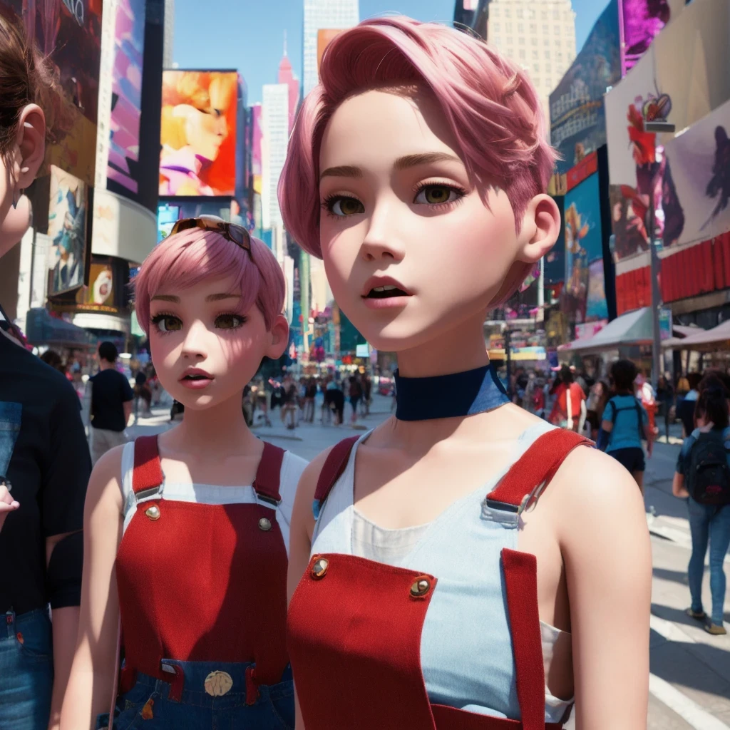 Suspender jeans(masterpiece, best quality:1.2), Very short hair, alone，Pale pink，Light rouge makeup（（（Short hair）））（minor）masterpiece， Outdoor backstreets，time square, New York，best quality， movie lighting， soft light ,Realistic，facial close-up，Landscape avatar，666， --v6