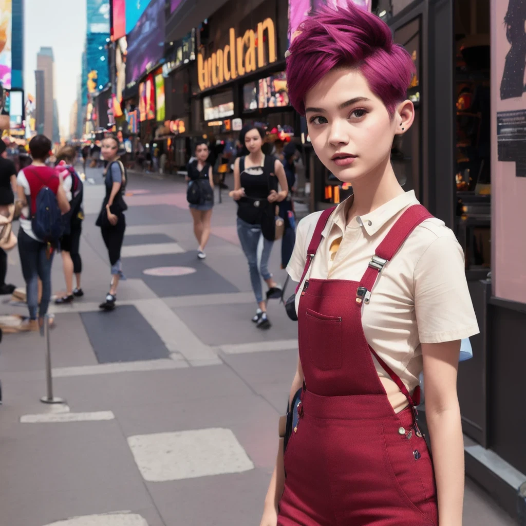 Suspender jeans(masterpiece, best quality:1.2), Very short hair, alone,Pale pink,Light rouge makeup(((Short hair)))(minor)masterpiece, Outdoor backstreets,time square, New York,best quality, movie lighting, soft light ,Realistic,facial close-up,Landscape avatar,666, --v6