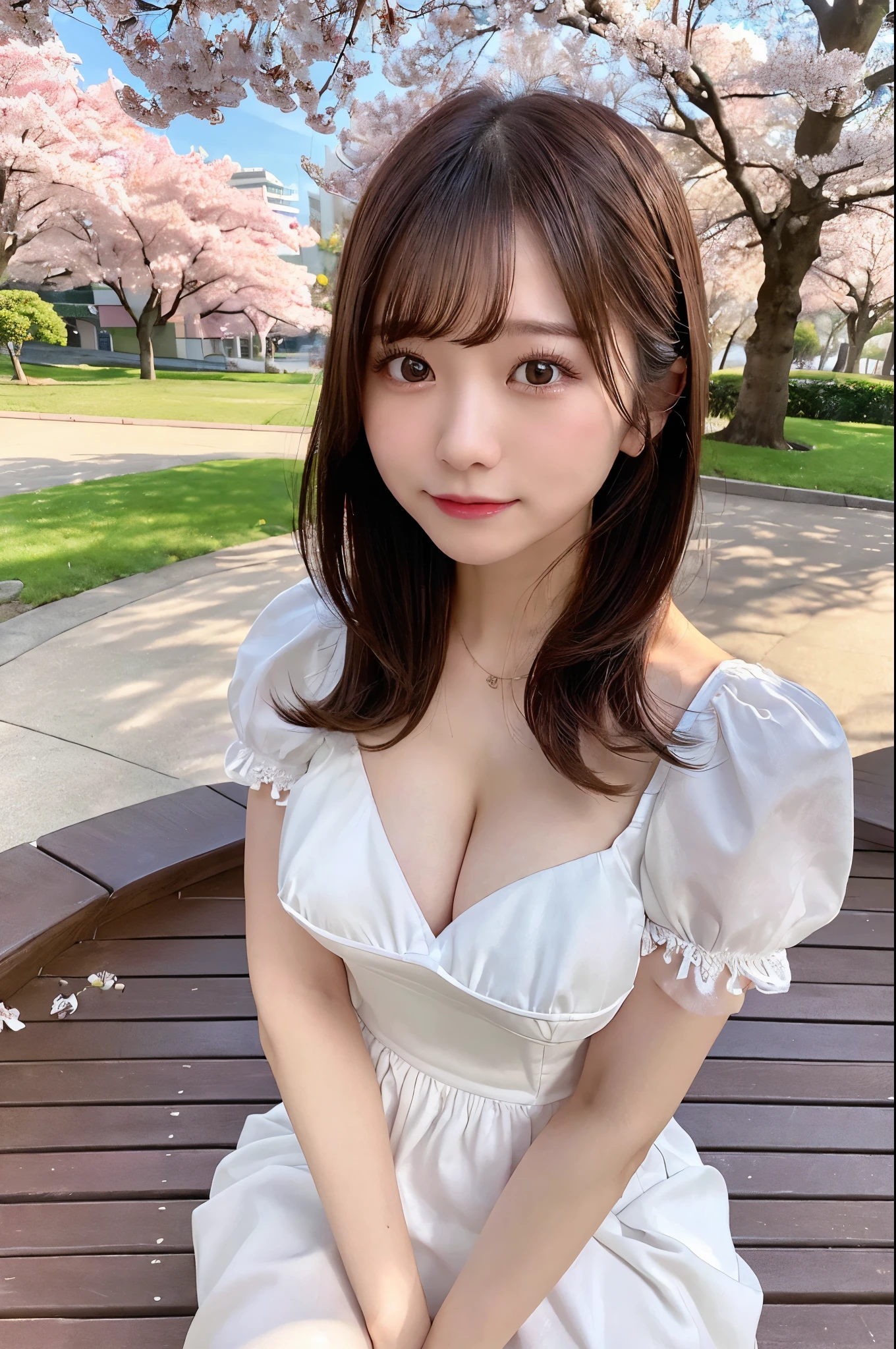 Highest image quality、4K、8K、best quality、perfect and dynamic composition、Sitting on a bench in a park with cherry blossoms in full bloom(woman、big breasts、G cup、beautiful chest、20-year-old、Japanese、white skin、Brown Short Bob Hair、Wearing a neat dress、I'm embarrassed)
