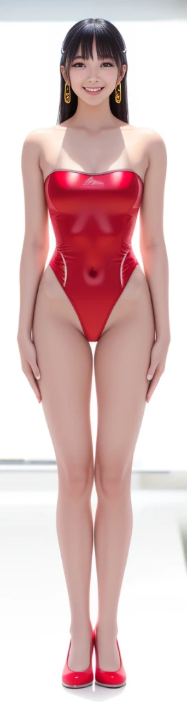 On a white background,A tall and beautiful Chinese girl,with fair skin,Toothy smile,A big smile,When you laugh, Your eyes are crescent-shaped,blunt bangs, long straight hair,Wear a one-piece swimsuit and pumps,Swimsuits are decorated with joyful patterns, Stand up straight,Stand upright,hands on sides,Symmetrical distribution,Ray tracing,All shaded areas,No windows, Soft lighting, Warm light, flood light, no lights on the top, Studio light, 1.4x Realistic Ultra HD