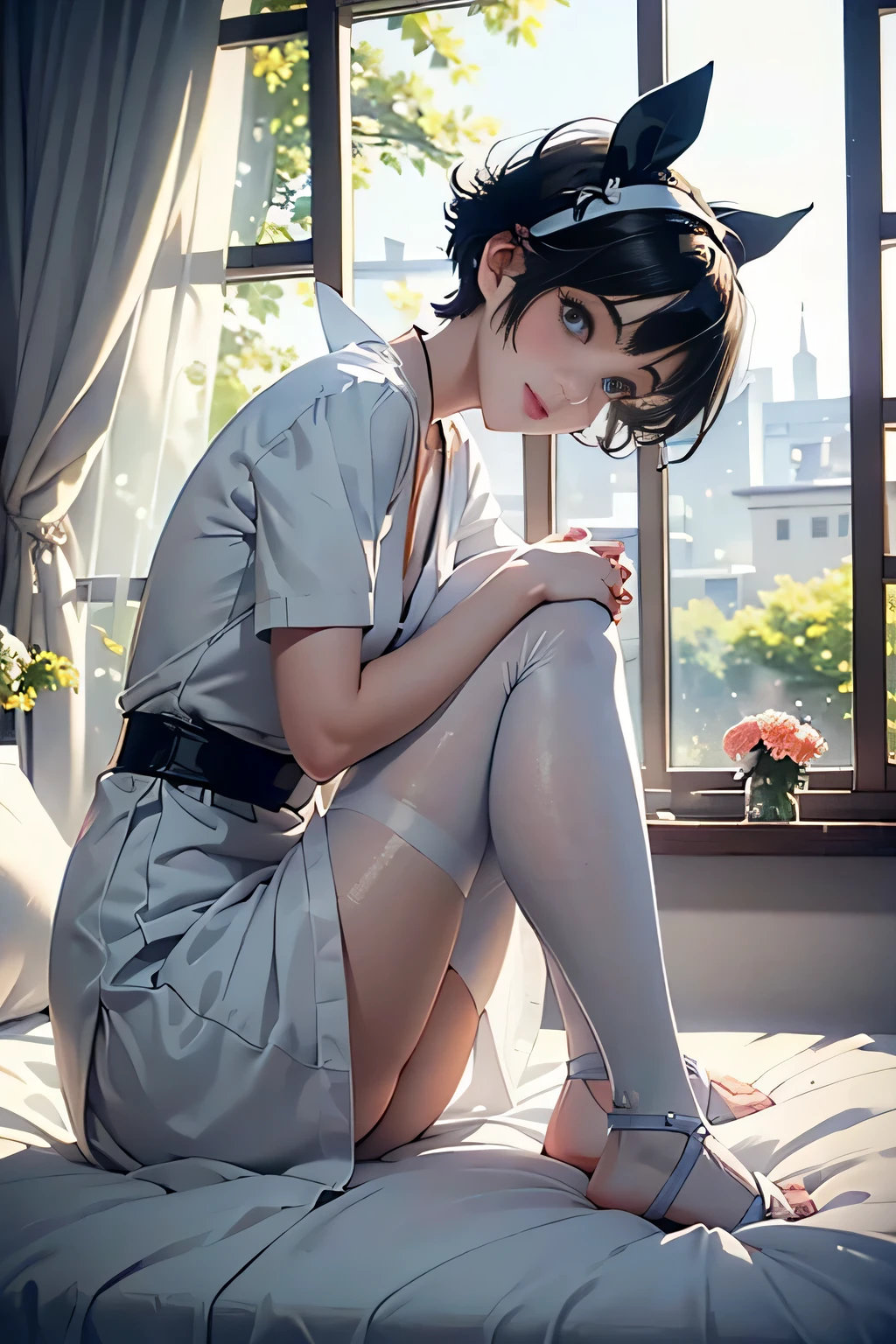 ((Pixie cut beautiful black hair,beautiful eyes)),Nurse costume,white pantyhose,sandal,hair ribbon,(low angle,from below),(solo),((masterpiece, highest resolution,best quality)), (beautiful illustration), (looking at the viewer), innocent smile,cinematic lighting,sitting on the bed,beautiful hospital room,bed,window,garden,flowers,trees,blue sky