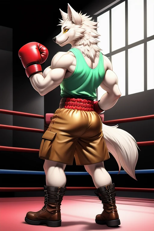Furry, anthropomorphic wolf, light gray fur, yellow eyes, 45" Chest, 20" shoulders, 15" Biceps, 34" waist, 24" thighs, 16" calves, 19" Back, wearing white tank top, wearing green cargo shorts, wearing brown leather boots, wearing brown leather boots, wearing amaranth boxing gloves, pastel colors, soft colors, vivid colors, soft shading