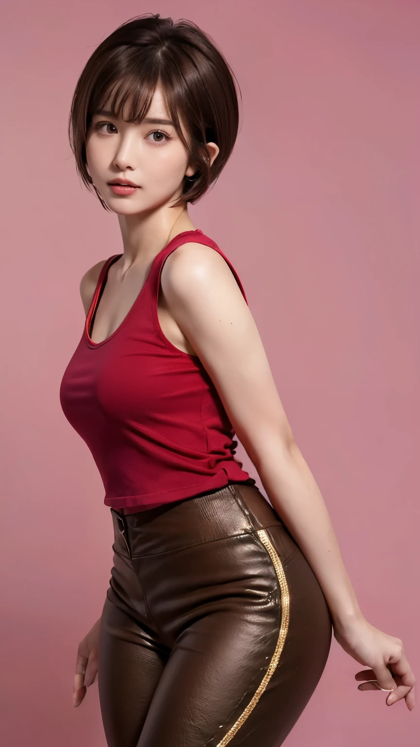 (((Masterpiece))),((top quality)),one beautiful girl,bangs、(pixie cut:1.5)、(Berry Short)、(((brown hair:1.5)))、cropped、23 years old、(A flashy and tight pants look:1.5)、 beautiful digital art work, beautiful fantasy art,(The background is plain:1.5)