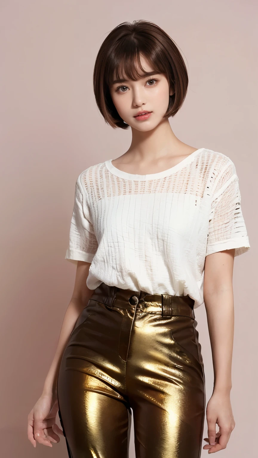 (((Masterpiece))),((top quality)),one beautiful girl,bangs、(pixie cut:1.5)、(Berry Short)、(((brown hair:1.5)))、cropped、23 years old、(A flashy and tight pants look:1.5)、 beautiful digital art work, beautiful fantasy art,(The background is plain:1.5)