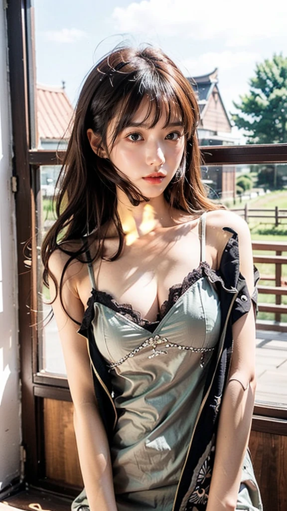 ルマはエレガントNa人です, she is beautiful、have a strong attitude, she has voluminous breasts, 洋梨のフェミニンNaシルエット, auburn hair, long auburn hair, 彼女は表情豊かNa目をしています, ( Only the eyes are olive green) Her skin turns white、I have light freckles on my cheekbones, Na, farm, 茶色の素朴Na服, Clothing for free-spirited living, farm bohemian fashion clothes, ロマンチックNa雰囲気, fire light, sparkle of fire, Hana dresses her hair to have half straight and half curled ends cartoon