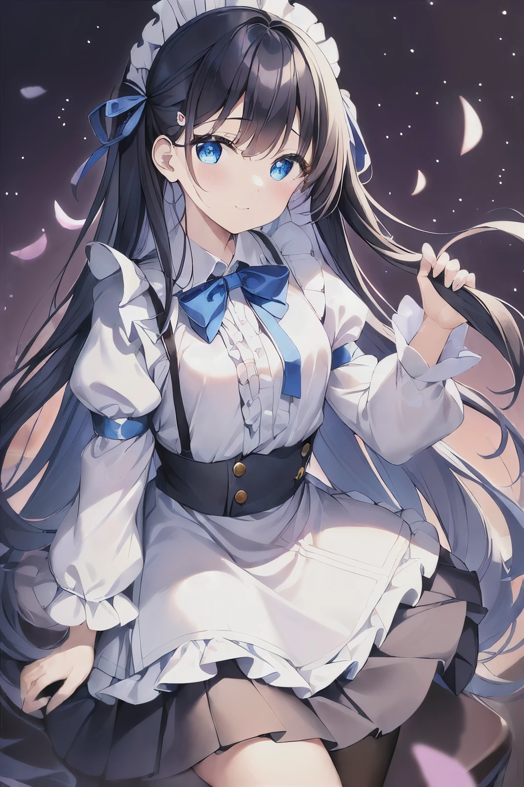 (((masterpiece))), (((highest quality))), (((ウルトラ - High resolution))), (((High resolution))), (((Super technique illustration))), (dark blue hair), (from below:1.4), (one girl), (walk), (very cute super thick long sleeve blouse in pale pink color:1.3), (White ruffles on pleated skirt:1.4), (girl:1.5), (child:1.4), (fold your hands in front of your chest:1.3), (Very long dark blue sideburns), very cute, Moe anime style, (cowboy shot:1.2), (Extra Ultra Flat Chest:1.5), (very small breasts:1.5), (Extra-thick long-sleeved blouse:1.2), (very cute super thick long sleeve blouse in pale pink color:1.3), (white socks:1.2), (White ruffles on pleated skirt:1.2), (girl:1.5), (Extra Ultra Flat Chest:1.1), (very small breasts:1.2), Transparent facial depiction, highly detailed eye depiction, (Dark blue straight long hair:1.3), (Simple hair clip:1.2), (Super long and thick sideburns of dark blue color:1.4), (laughter:1.3), (Dark blue super wide front bangs:1.3), (Simple hair clip:1.1), (small blue eyes:1.2), (((clear eyes))), sparkling eyes, (slightly droopy eyes:1.3), (Super thick sideburns and super long sideburns:1.1), (Super long and thick sideburns:1.1), (Extra Ultra Flat Chest:1.4), (very small breasts:1.4), (Ahoge:1.1), (Alice in Wonderland Cosplay:1.4), (Light Blue Ribbon Headband:1.3), (white apron with frills:1.4), (Very cute pose:1.2), (A very cute Alice in Wonderland costume:1.4), (cowboy shot:1.4), (sit on a chair:1.5), (laughing:1.2), (flower pot:1.4), (pow pose:1.4)