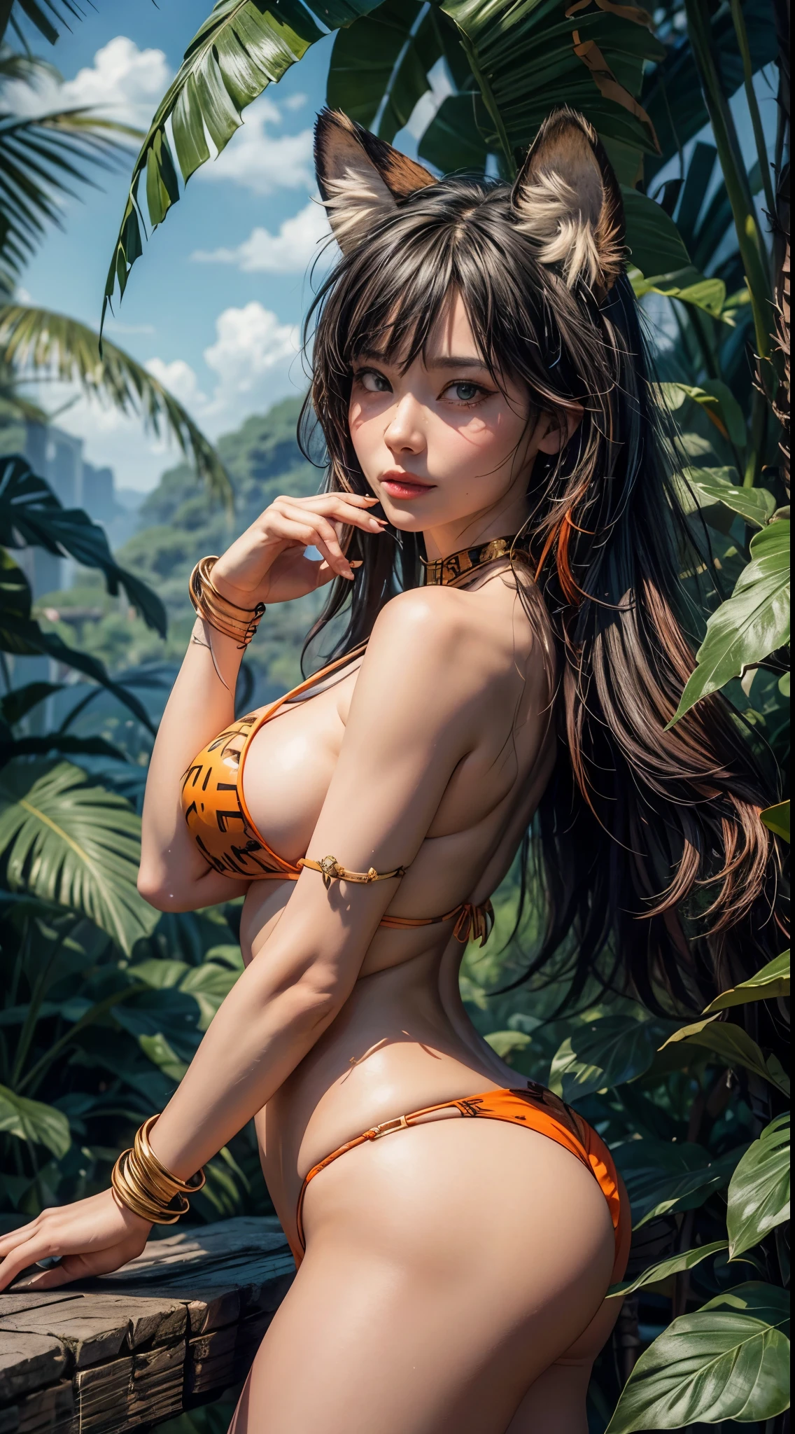 unreal engine:1.4,UHD,best quality:1.4, realistic:1.4, skin texture:1.4, masterpiece:1.8, Beautiful woman , fox ears, animal ear fluff, Bikini Jaguar, (plant:1.18), (fractal art), Tigre:1.4, considerate, Electrical, Limited palette, synthwave, Fine Art, sunburned skin, Upper body, (green and orange:1.2), time stops, sy3, SMM,(Large leaf jungle),