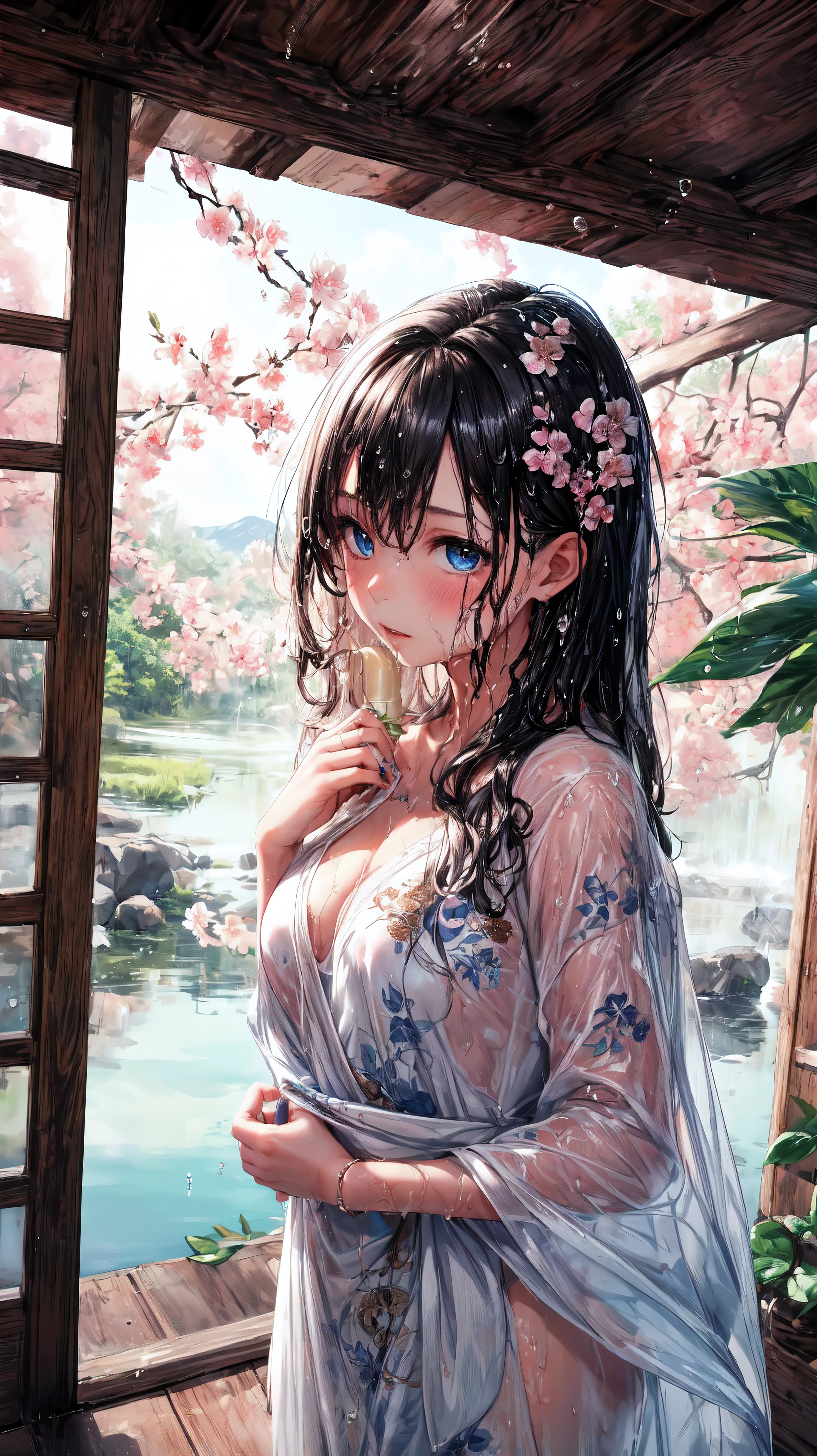 (best quality,highres,ultra-detailed,Pixiv:1.37),1 girl, full body, ( girl:1.2), beautiful detailed eyes, beautiful detailed lips, girl wearing large silk dress, beauty complex pattern on dress, (wet, wet body, wet hair, wet skin, very wet silk dress, reflection on the wet silk dress, delicate blossom embroidery, subtle water droplets:1.15), (water spray:1.1), (silk dress, best dress wrinkle, Transparent mucus wrapping), Voluminous hair, soft lighting, (portraits), vivid colors, calm expression, look at viewer, peaceful scenery, clean and fresh feeling,Beautiful and detailed water