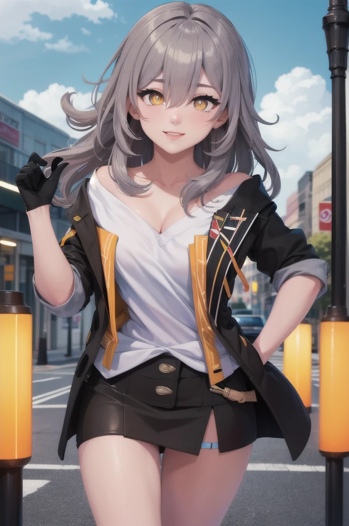 (masterpiece,best quality:1.4),(highres,perfect anatomy:1.2),official wallpaper,pixiv id,
outdoors,street,lamppost,
1girl,solo,(full body:0),silver hair,bronya zaychik,
collarbone,(long hair,bangs,hair between eyes),(bright pupils,detailed pupils,glint),seductive smile,(blush:0),
