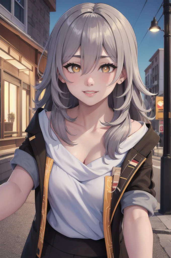 (masterpiece,best quality:1.4),(highres,perfect anatomy:1.2),official wallpaper,pixiv id,
outdoors,street,lamppost,
1girl,solo,(full body:0),silver hair,bronya zaychik,
collarbone,(long hair,bangs,hair between eyes),(bright pupils,detailed pupils,glint),seductive smile,(blush:0),
