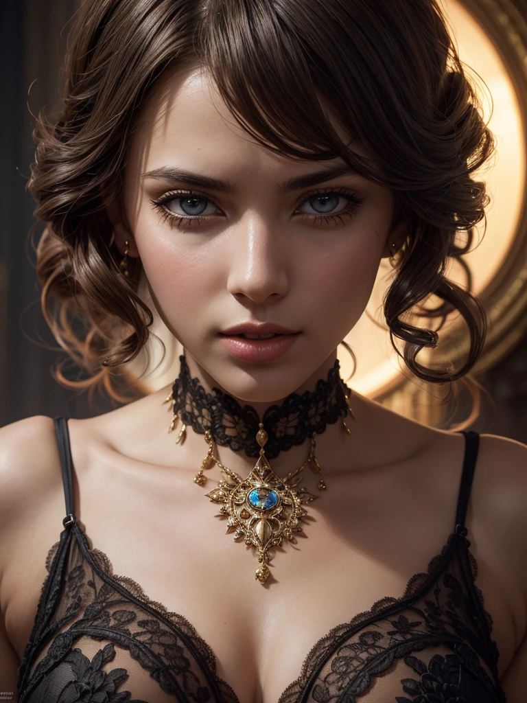 Center,

Half Body of 

A passionately exciting [Woman:Maude Adams:0.1] with her mouth half open sensually,  

Dark curly Hair,

Half Body,

, ultra-detailed, film photography, light leaks, Larry Bud Melman, trending on artstation, sharp focus, studio photo, intricate details, highly detailed, by greg rutkowski