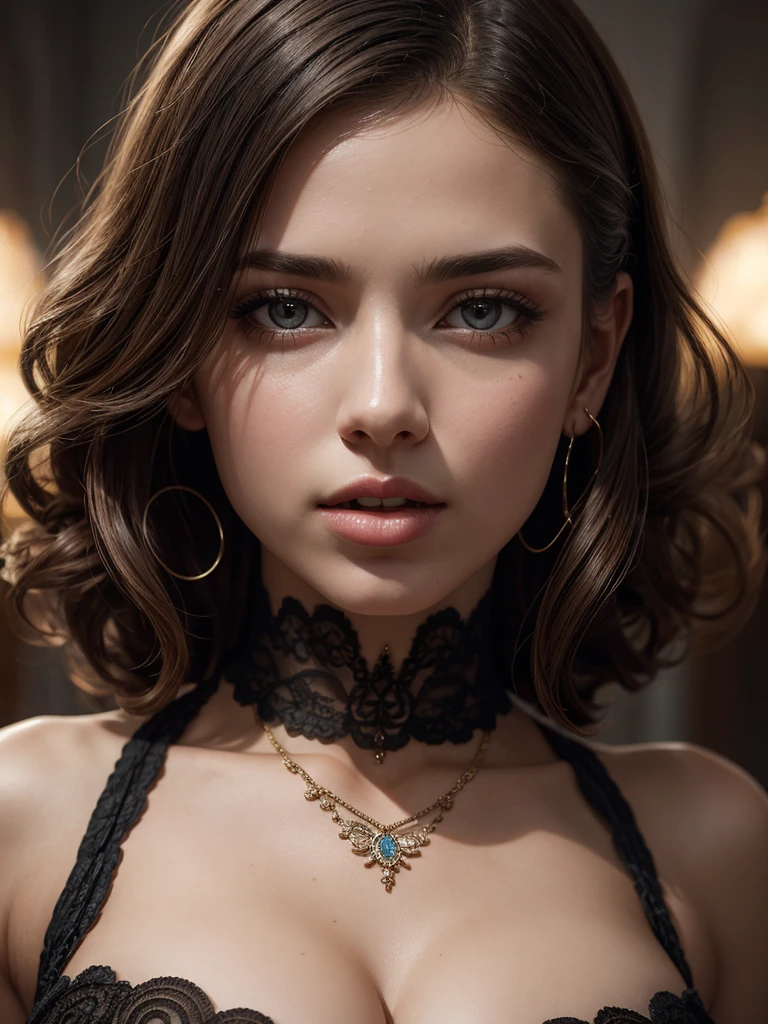 Center,

Half Body of 

A passionately exciting [Woman:Maude Adams:0.1] with her mouth half open sensually,  

Dark curly Hair,

Half Body,

, ultra-detailed, film photography, light leaks, Larry Bud Melman, trending on artstation, sharp focus, studio photo, intricate details, highly detailed, by greg rutkowski