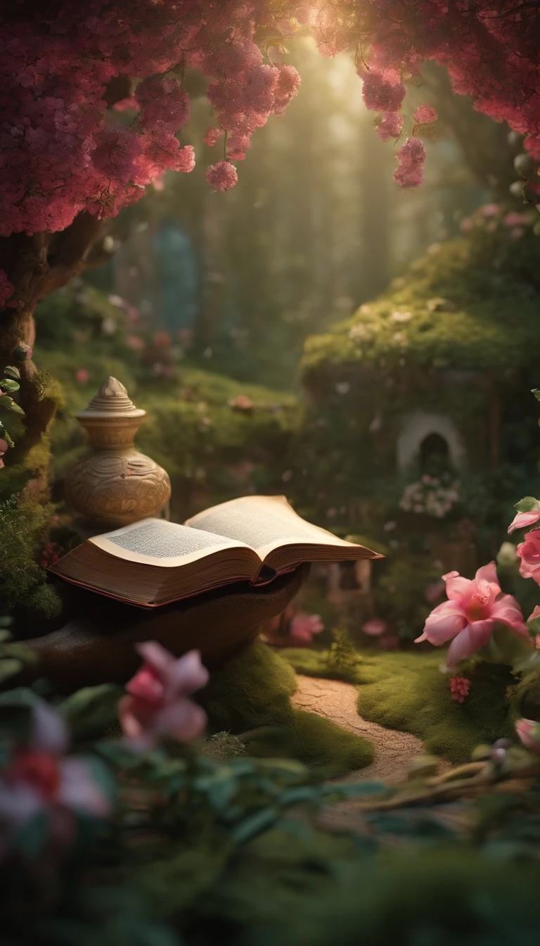 Scenes Within Scenes, Craft compositions where smaller details unfold within a larger scene, An enchanting forest scene hidden within the petals of a blossoming flower or A cozy living room diorama concealed within the pages of an oversized novel, masterpiece, whimsical, 4k