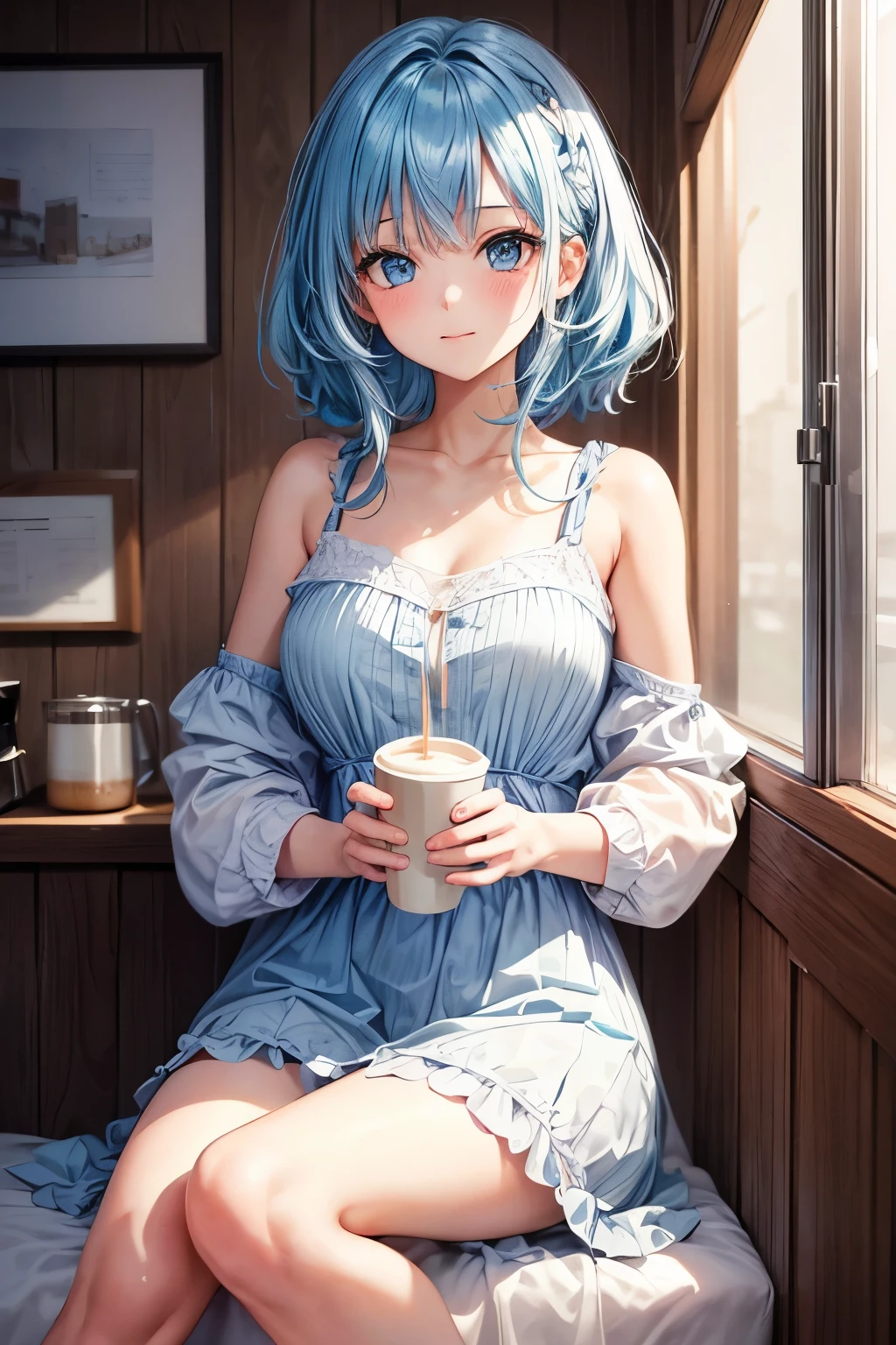 1girl, bluenette hair, light blue hair, next door girl, morning, coffee, soft smile