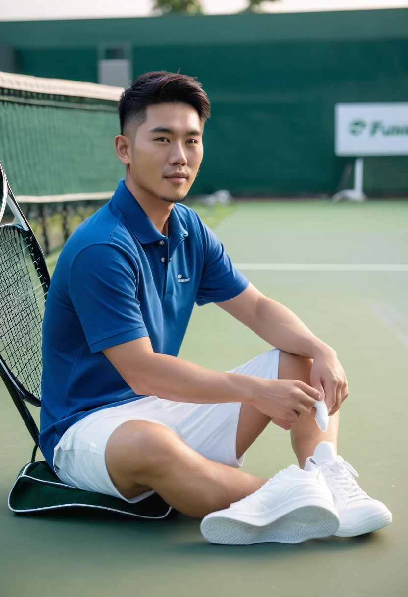 (a young 25-year-old Asian man),(blue polo shirt),(white tennis shoes),(resting on a chair on the grassy area of the tennis court after playing tennis),(holding a towel to wipe off sweat). (Tennis racket) is placed on the ground. (Soft lighting),(masterpiece:1.2),(best quality,4k,8k,high-res),(digital camera),(film grain),(Midjourney and Greg Rutkowski's Fujifilm XT3),(realistic art).