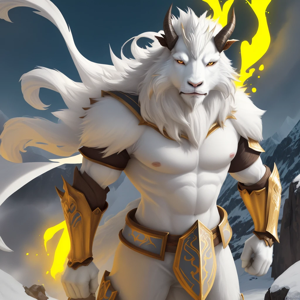 White fur Mountain goat, goatee, wise looking, epic background, long goatee, yellow background, glowing background, clad in epic armor