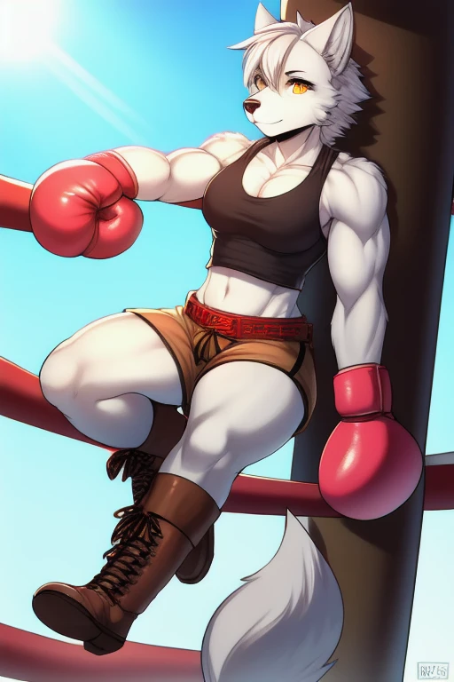 Furry, anthropomorphic wolf, light gray fur, yellow eyes, 45" Chest, 20" shoulders, 15" Biceps, 34" waist, 24" thighs, 16" calves, 19" Back, wearing white tank top, wearing green cargo shorts, wearing brown leather belt, wearing brown leather boots, wearing amaranth boxing gloves, pastel colors, soft colors, vivid colors, soft shading