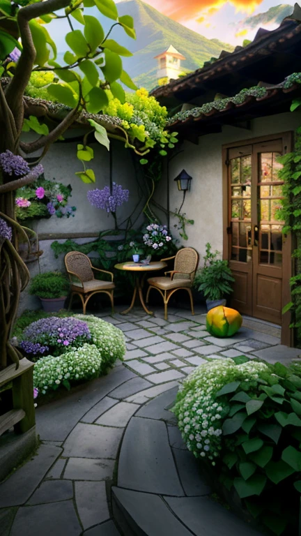 Seaside, small courtyard, railing, round table, stool, pillow, coffee, bouquet of flowers, green plants, trees, sea, ancient buildings, sofa, sun, clouds, sunset, sunset, wide angle lens, mountains, paradise, round flowers, round flowers, boxwood balls, creeper, , fragrant vine, wisteria, cannon flowers, , lingxiao, gourd, mountain turtle, ivy, rose, vine season clematis windmill jasmine triangle plum ball orchid