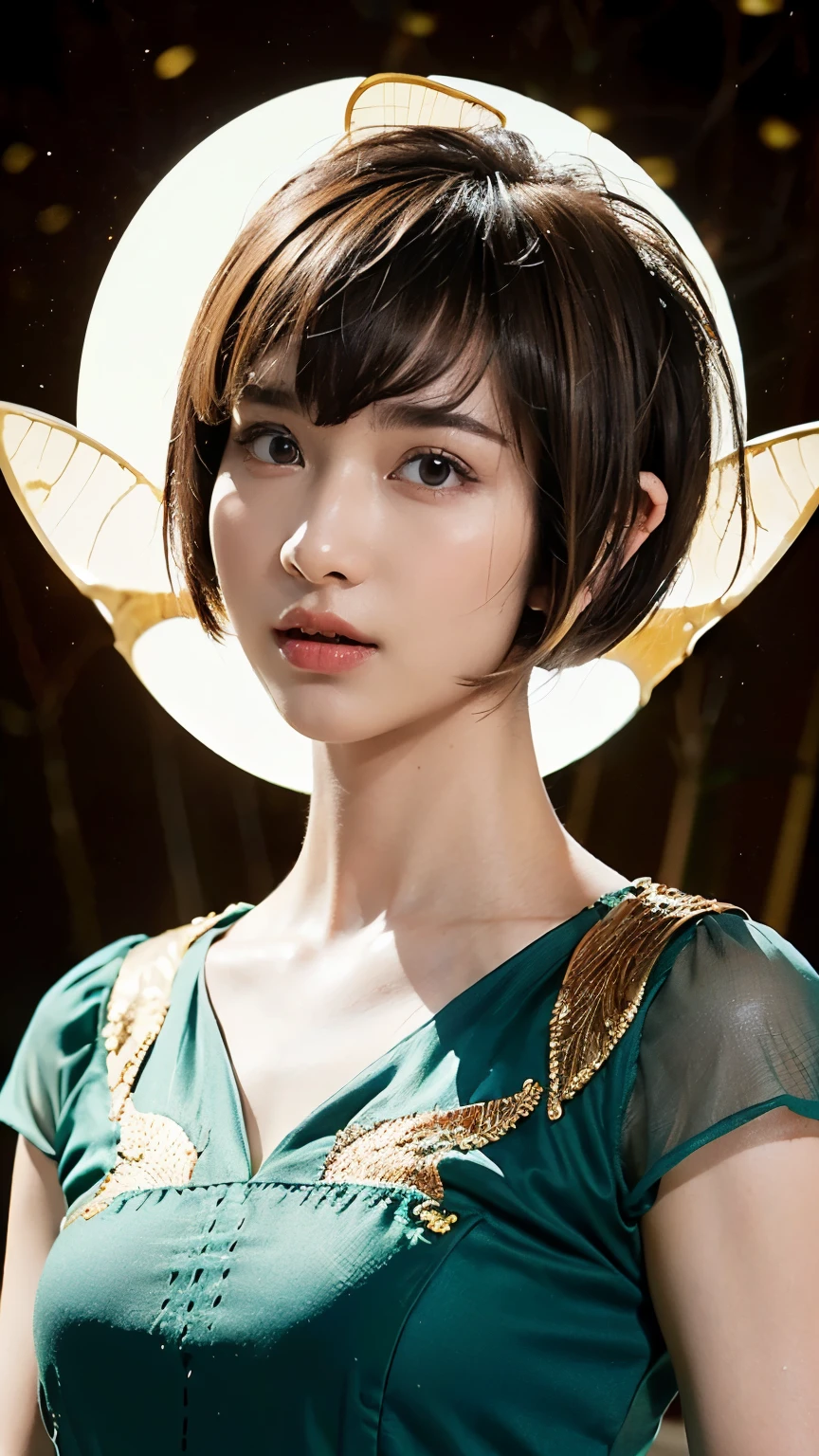 (((Masterpiece))),((top quality)),one beautiful girl,bangs、(((pixie cut:1.5)))、(((brown hair:1.5)))、cropped、23 years old、(fancy clothes:1.5)、 beautiful digital art work, beautiful fantasy art,(The background is plain:1.5)