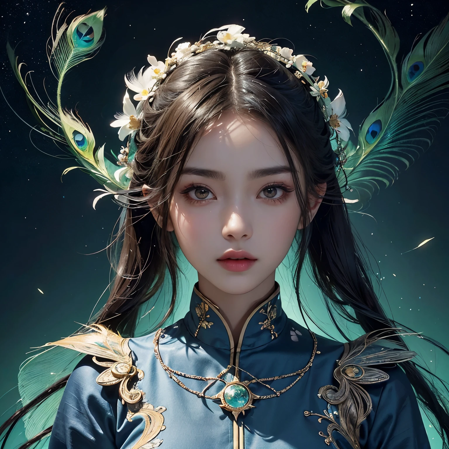(master piece, highest quality, highest quality, very detailed, very detailed, official art, Cosmetology and aesthetics: 1.2), Asian Girl, upper body shot, nice face, alone, perfect body shape, fly in the sky, Portrait of one girl, silver gradation hair, black hair color, goblin, Ambilight, (Sexy), Light of the sun, cloud, Hanfu, Chinese service, water, glow worm , night, starry sky, gem, There are feathers on the clothes, peacock feathers, particles of light,