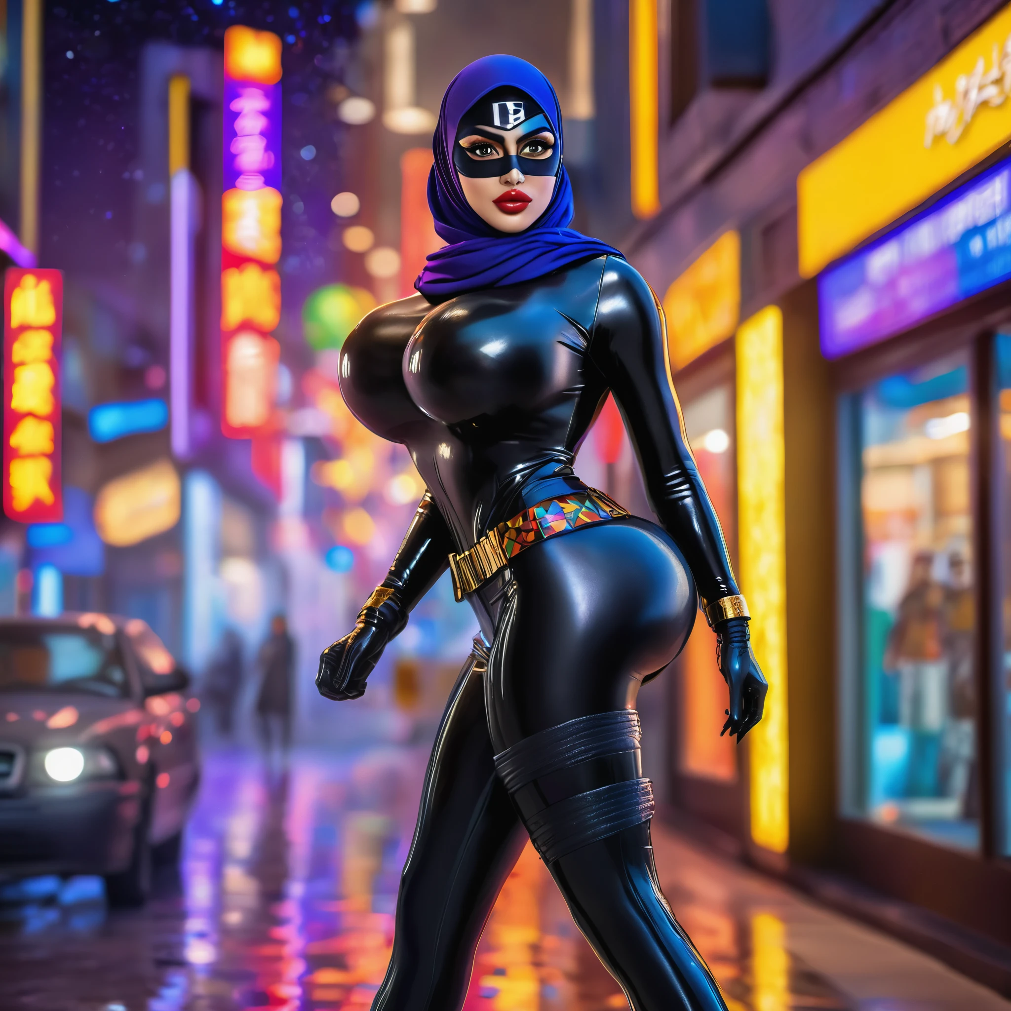 (best quality,4k,highres,masterpiece:1.2),ultra-detailed,realistic:1.37,a super heroine,athletic,cute face, crow themed makeup, hijab,beautiful detailed eyes,beautiful detailed lips,extremely detailed eyes and face,long eyelashe,malaysian:1.1 (age 28),crow themed costume and gimmicks,stopping a bank robbery,dynamic pose,vivid colors,starry night background,HDR,studio lighting,physically-based rendering,sharp focus,bokeh,colorful palette, (Show her from head to toe, full body shot, show her entire body)