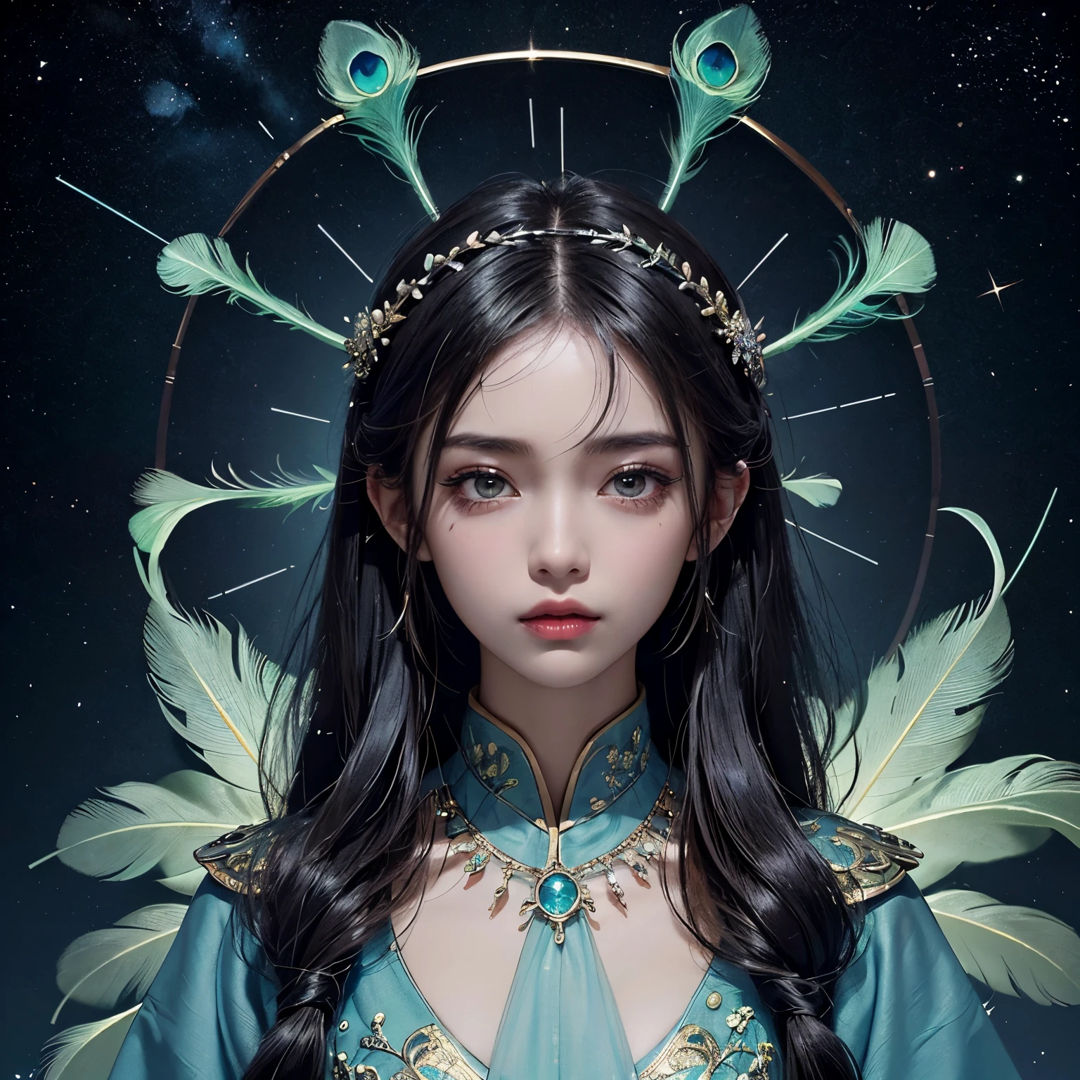 (master piece, highest quality, highest quality, very detailed, very detailed, official art, Cosmetology and aesthetics: 1.2), Asian Girl, upper body shot, nice face, alone, perfect body shape, fly in the sky, Portrait of one girl, silver gradation hair, black hair color, goblin, Ambilight, (Sexy), Light of the sun, cloud, Hanfu, Chinese service, water, glow worm , night, starry sky, gem, There are feathers on the clothes, peacock feathers, particles of light,