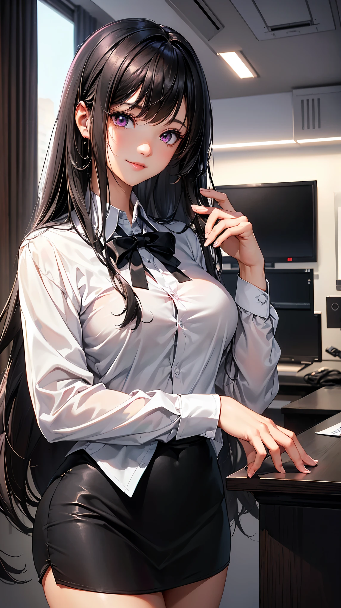 (Masterpiece:1.2), (best quality:1.1, (High quality:1.3), very detailed 8k CG unit wallpaper, depth of field, HDR, realistic, very detailed:1.2, complicated, Highly detailed:1.2, ผู้หญิงsexy, big breasts, office woman, white shirt, Lace underwear, tight chest, black short skirt, Black suit shirt, long hair,pink eyes, Blue On, Eye details:1.5, shadow sound details:1.2, light:1.1, ผิวพลันbeautifulงาม, smiling, cute, beautiful, sexy, office background