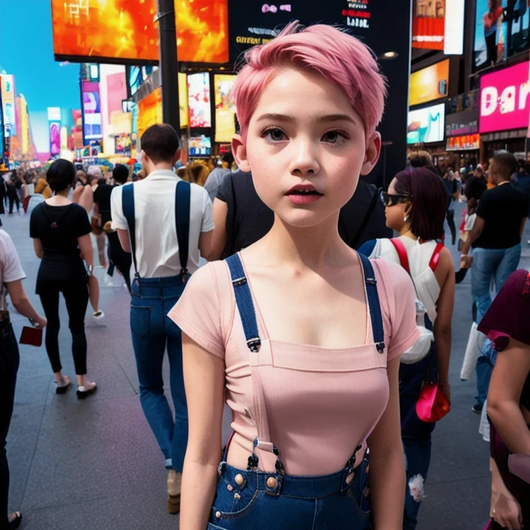 Suspender jeans(masterpiece, best quality:1.2), Very short hair, alone,Pale pink,Light rouge makeup(((Short hair)))(minor)masterpiece, Outdoor backstreets,time square, New York,best quality, movie lighting, soft light ,Realistic,facial close-up,Landscape avatar,666, ((1 girl))