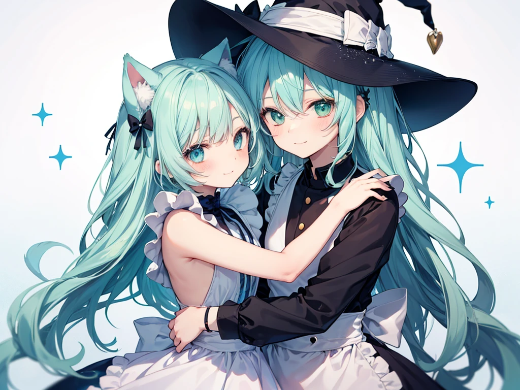 anime style,cute boy,chou kawaii shota,ultra detailed face,
2people is femboy friends,hugging,happy,
1of2:light green hair,wavy long hair,dog ears,dog tail,maid costume,
2of2:light blue witch dress,light blue hat,light blue hair,loose long hair,little smile,