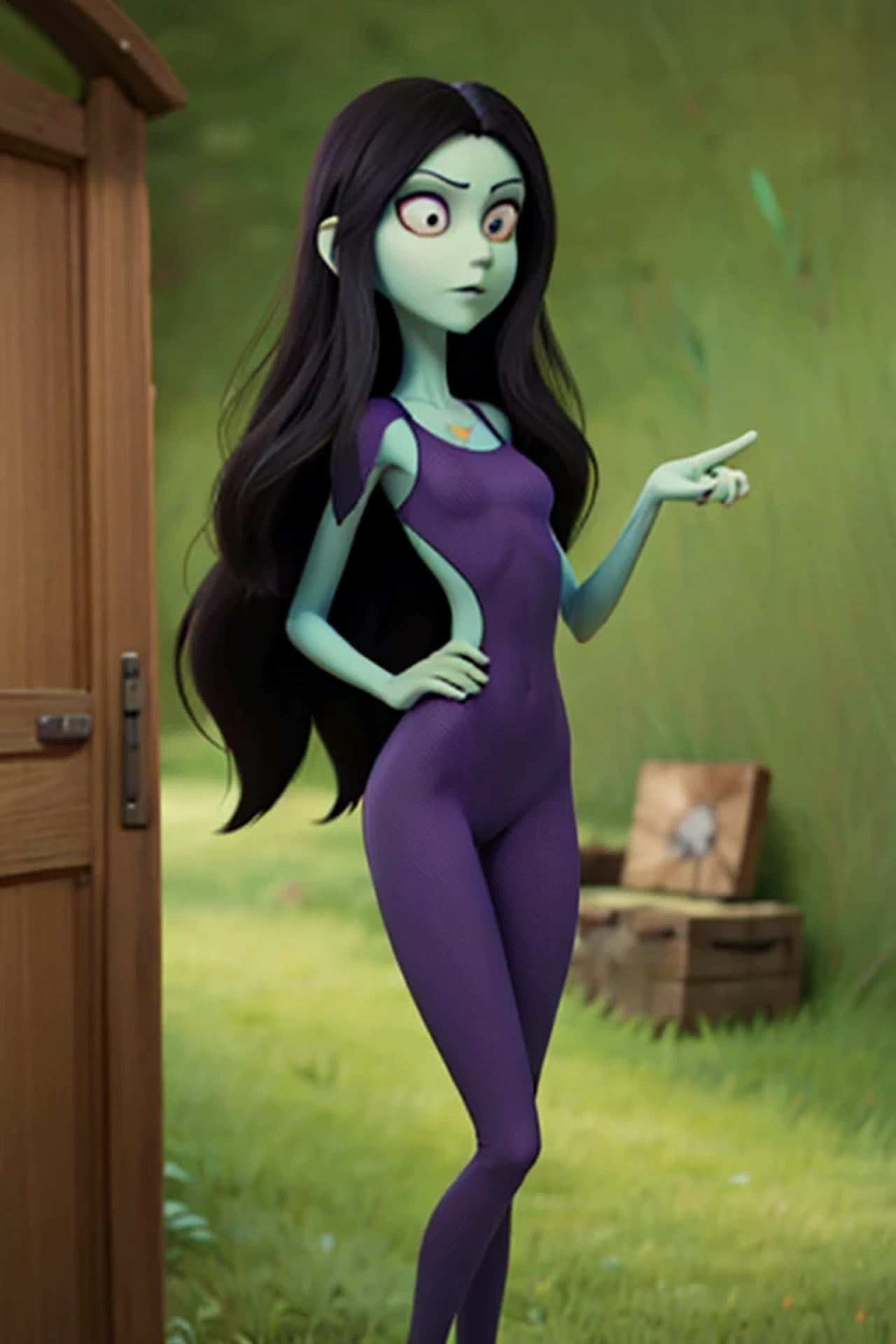 cartoon thin anorexic woman, long black hair, long neck, pale green skin, wears a purple sci-fi vneck bodysuit