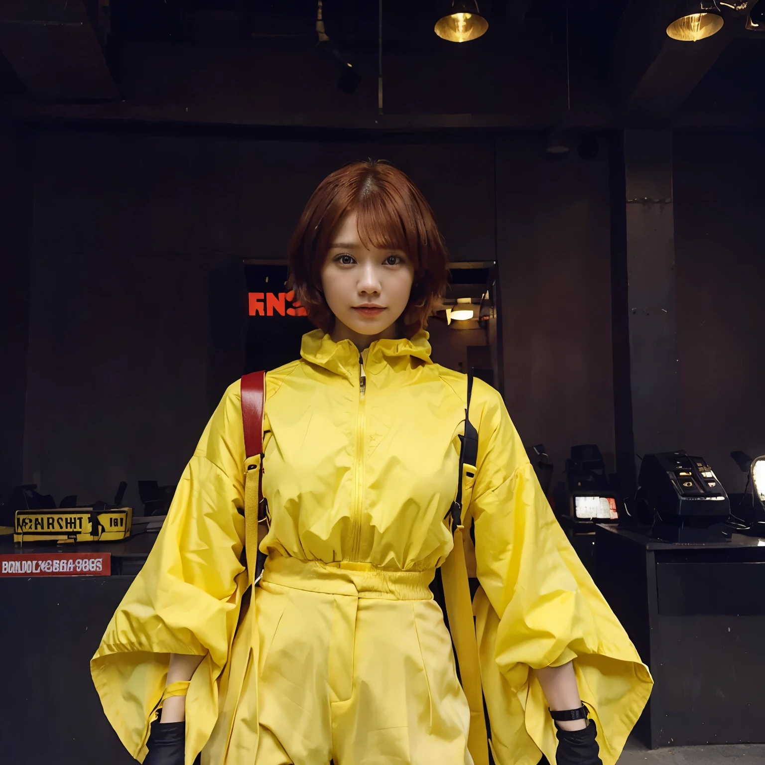 Has short red short hair, wears yellow clothes 