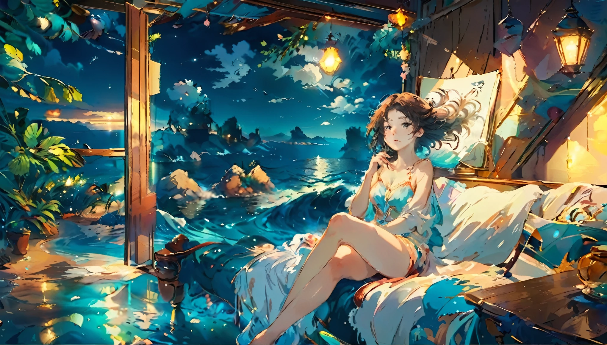 night Seaside Room girl hair blowing in the wind Sitting on the sofa reading a book