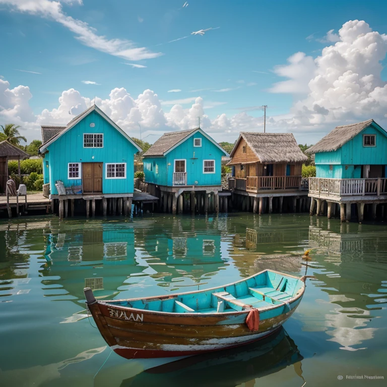 A coastal village with stilt houses and childrens playing on a colorful wooden boat in turquoise waters. The boat is weathered, showing multiple layers of paint. The sky is cloudy but bright, it's in early morning , and the water is calm with gentle ripples reflecting the surroundings.Photorealism 8K UHD