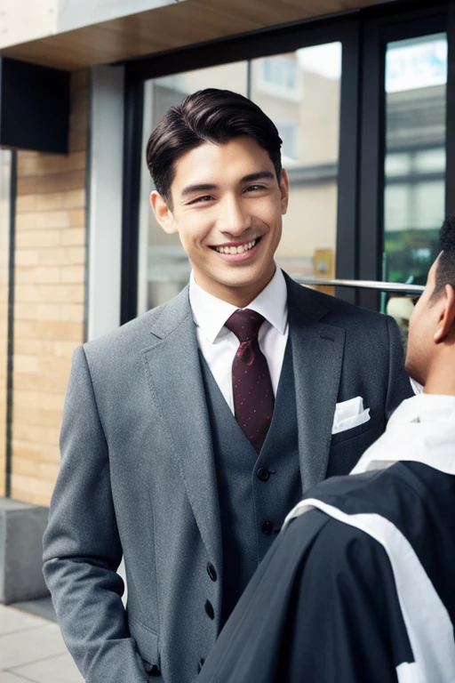 A young man with short hair being trimmed at a barber shop、Standing at the entrance to the bank。His hair is neatly groomed、It feels clean。The suit is perfectly tailored down to the last detail.、It symbolizes his professionalism.。A modest smile appeared on his face.、Shows friendliness。In the background is a sign with the bank&#39;s logo.、I&#39;m not sure which bank it is、It gives you a typical bank feel.。