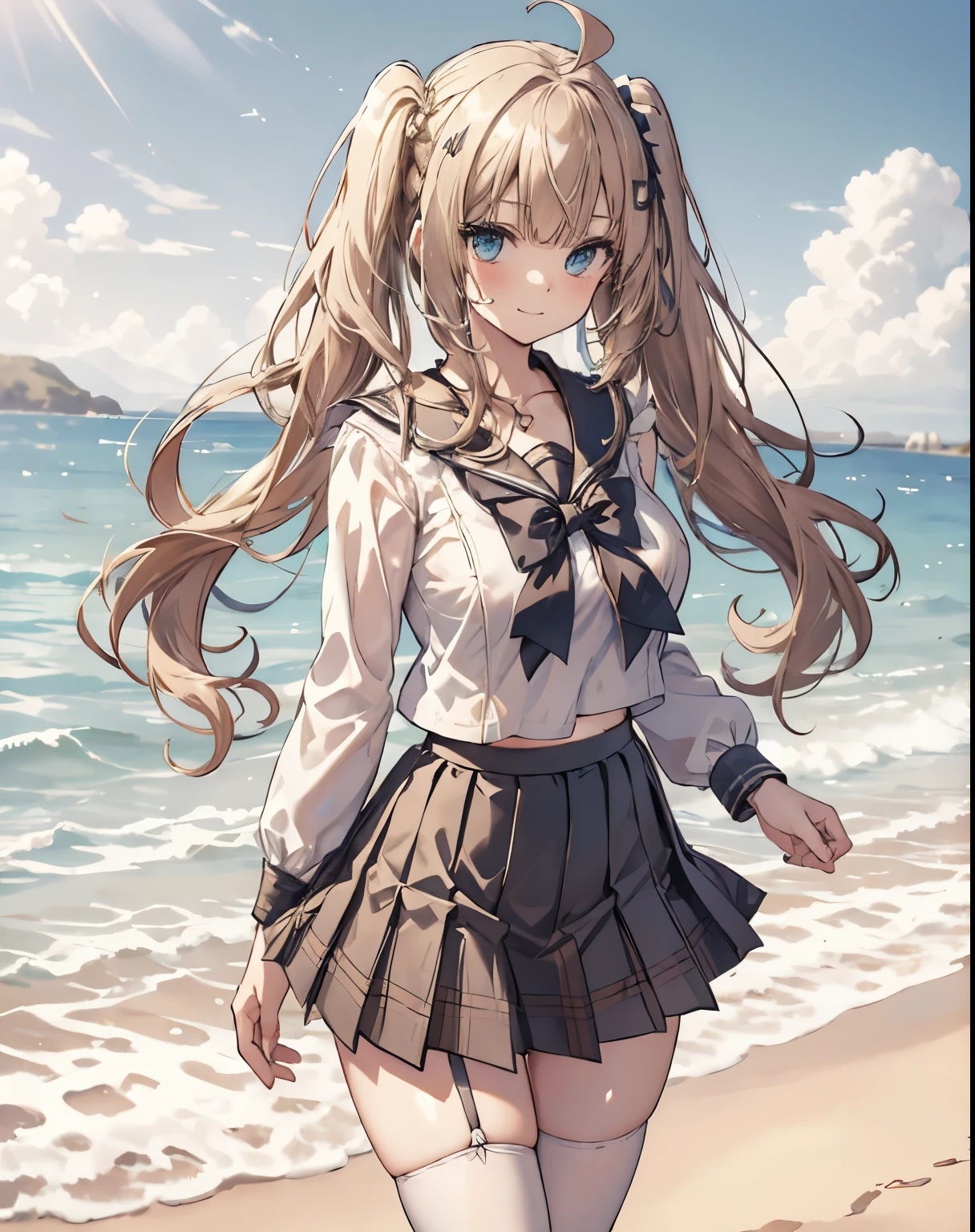 masterpiece, 1girl, sparrow, a blonde haired girl, wearing a white sailor clothes, curly long hair, messy hair, slim body, he close her left eye, shirt ornament, aqua eyes, sho show her back, ahoge, baby face, huge breast, beautiful breasts, rounded breasts, braid hair, long sleeves, beautiful eyes, white stocking, droopy eyes, miniskirt, black skirt, plaid skirt, her age is 19 years old, seductive smile, beach, bowtie, sailor collar, pleated skirt, tight shirt, plaid skirt, twintail