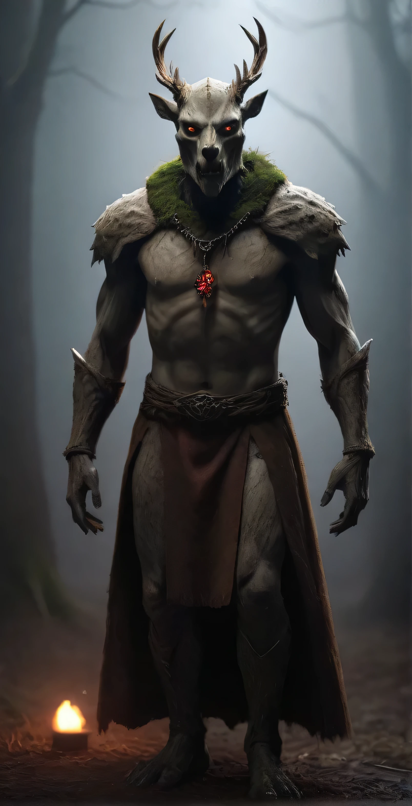 Night King'Eyes are glowing red,whole body portrait of scary monster made of wood, Le Shen, Deer skull as face, moss, Clothes made of human skin, Cold and strong sense of power,Night King has a very unique appearance。His face is like a dry bone, Dark mysterious forest scenery , fantasy, dark fantasy , medieval, whole body , cinematic, make it , 8K, Unreal Engine, actual, masterpiece, high detail, whole body , science fiction, Low life, Volumetric lighting,top quality, light, threatening gesture, fierce look, epic atmosphere,, (((whole body照))), cyborg, clockwork, ((intricate details)), Japanese Trade Zone, ((intricate details, Ultra-detailed)), incandescent lamp, movie shot, vignette, Bokeh effect background, (whole body照).
