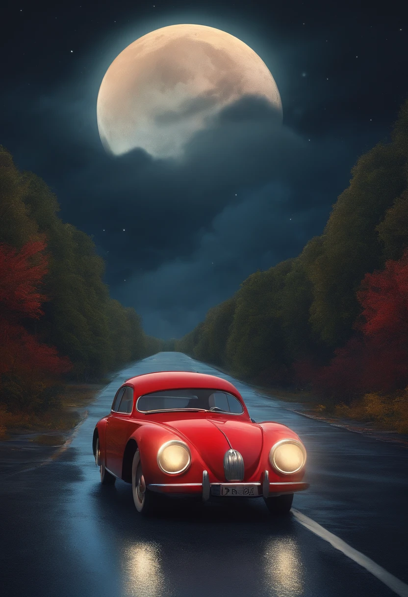 Pixar style cartoon character, red car, Driving on the road, She's scared, the night the moon is shining, it&#39;s raining lightly. 