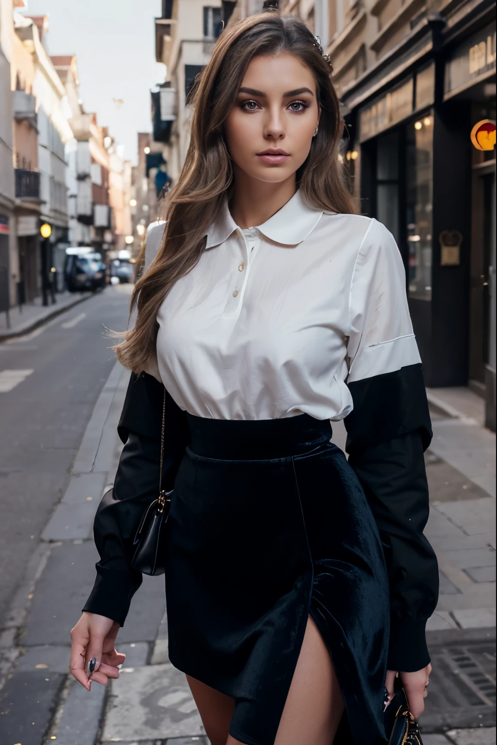Photorealistic photo of a European girl 23 years old, juicy natural lips, high cheekbones, beautiful face, , with blue foxy eyes, realistically detailed iris, dark blond velvet balayage hair style, heavy makeup, tanned skin, s, black smokey eyeshadows,dressed elegant in old money aesthetic outfit with polo and skirt, street photography