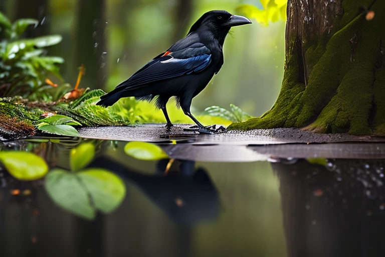 #quality(8k wallpaper of extremely detailed CG unit, ​masterpiece, hight resolution, top-quality, top-quality real texture skin,hyper realisitic, digitial painting,increase the resolution,RAW photos，best qualtiy,highly detailed,the wallpaper),BREAK,#crow(full body,bathe,beautiful black feathers,shiny feathers,flapping wings,feather repelling the rain),#background(at small clean puddle,in the beautiful forest,dappled sunlights raining),