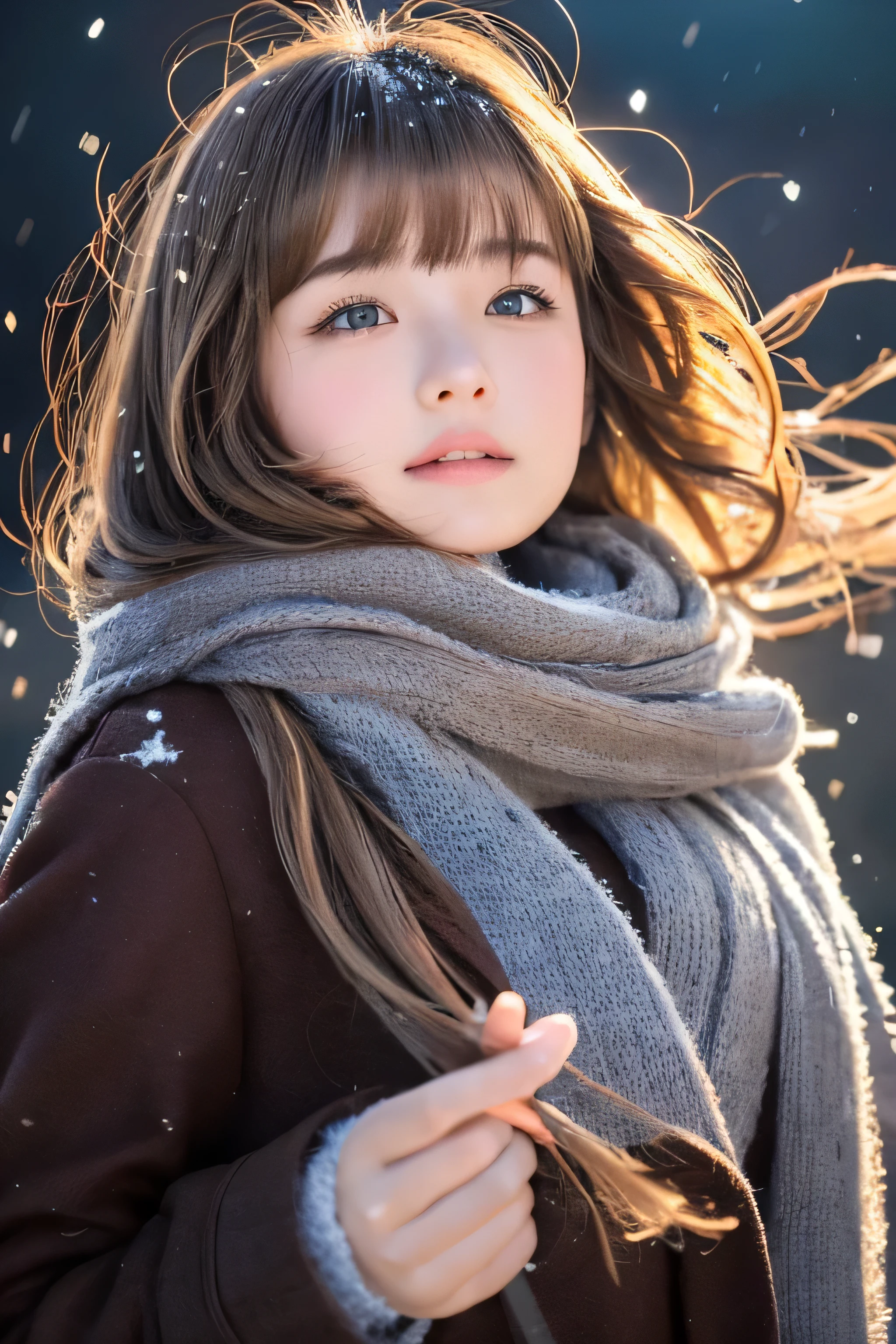 ((hair blowing in the wind、No makeup:1.2))、(realistic、Photoreal、super detailed、best detailed skins、highest quality、masterpiece、超A high resolution)、cute russian woman、、high school girl、young girl、1 girl、have bangs、ash blonde:1.7、double eyelid、drooling eyes、Japanese style face、purity、realistic skin type、thick muffler、Gray muffler、fluffy hair、((There's hair in the scarf:1.3))、red cheeks、The wind is blowing、It's snowing、night、illumination、lighting from behind、hair blowing in the wind