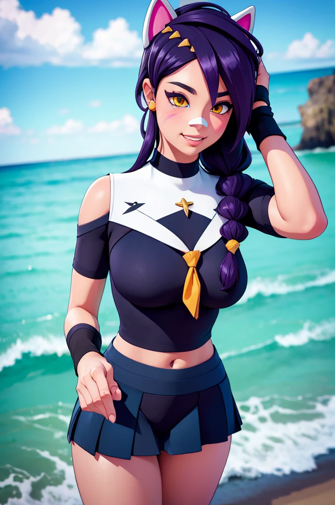 1girl, solo, long hair, looking at viewer, black hair, bandaid on face, yellow eyes, animal ears, smile, bandaid on nose, braid, cat ears, bandaid, ,bodysuit, gloves, teeth, scarf, blush, hair ornament, purple hair, fingerless gloves, facial mark, orange eyes, holding, jewelry, hand up, blurry, ocean view, beach, background, seductive, realistic, highly detailed face, detailed eyes, best quality, masterpiece, ultra detail, ultra high res, extreme detail, 8k, uhd, perfect face, (sexy pose), perfect face, standing, hand on hip, erisa, mouth closed, cheerleader outfit, skirt, short skirt, crop top, tight outfit, erisa