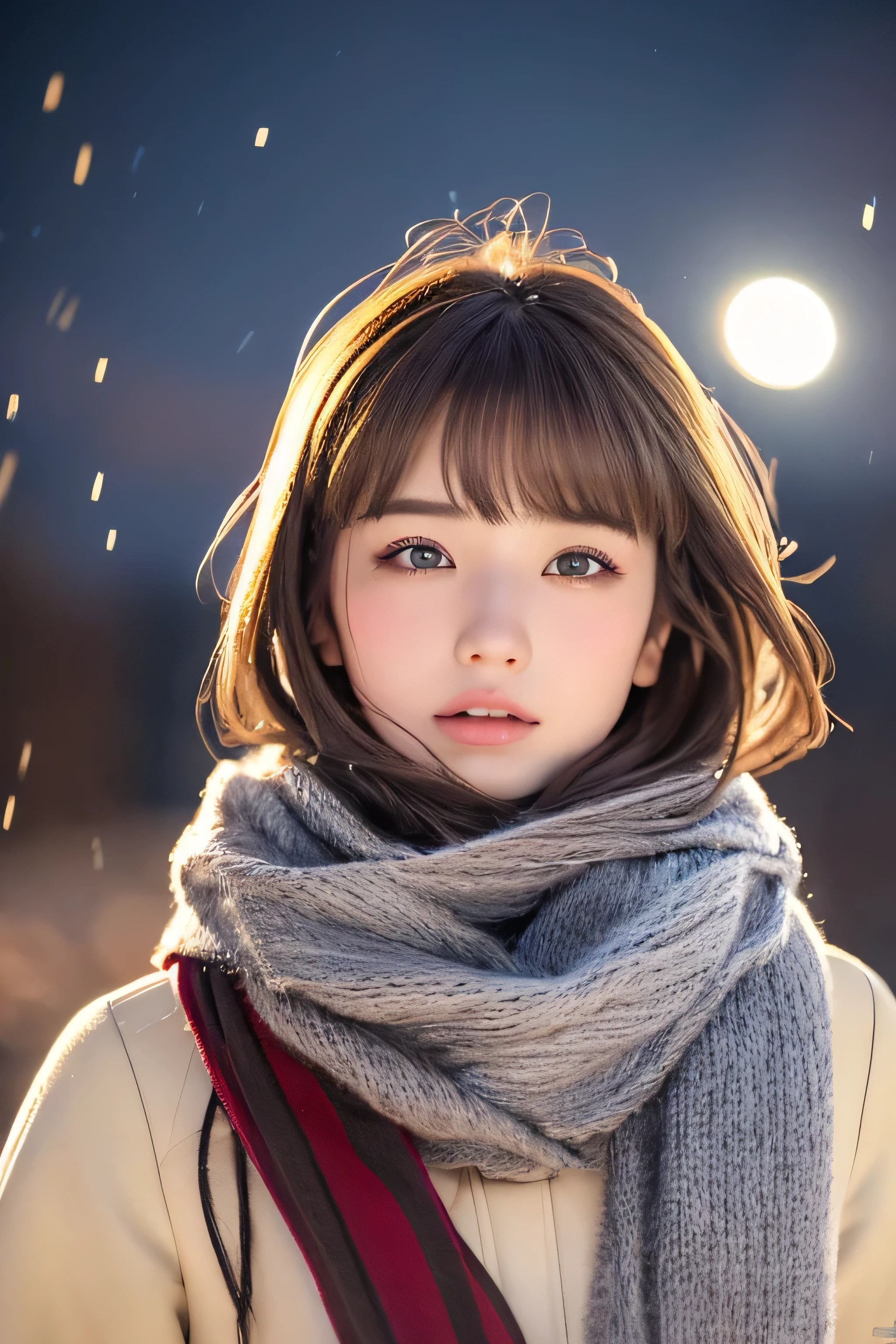 ((hair blowing in the wind、No makeup:1.2))、(realistic、Photoreal、super detailed、best detailed skins、highest quality、masterpiece、超A high resolution)、cute russian woman、、high school girl、young girl、1 girl、have bangs、ash blonde:1.7、double eyelid、drooling eyes、Japanese style face、purity、realistic skin type、thick muffler、Gray muffler、fluffy hair、((There's hair in the scarf:1.3))、red cheeks、The wind is blowing、It's snowing、night、illumination、lighting from behind、hair blowing in the wind