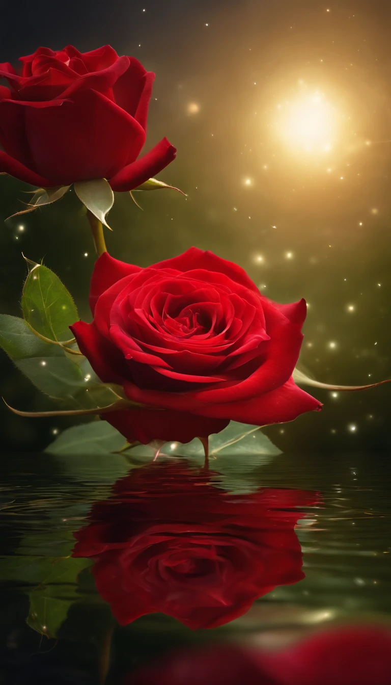 (best quality,4K,8K,high resolution,masterpiece:1.2),Super detailed,actual,Red rose,twinkling galaxy,starlight,Enlightenment,Velvety touch,petal,Silky details,Bright colors,Ethereal atmosphere,Vibrant red hue,Celestial elements,Subtle texture,Luminous light source,dramatic shadow,magical atmosphere,surreal pattern,mystery,realistically,crystal clear,breathtakingly beautiful,Glowing background,starry sky universe,Romantic,otherworldly,star,charming,Beautifully,Lush green plants,peaceful environment,Elaborate on the above details,sparkling stars,night sky,cosmic energy,graceful movements,deep contrast,Saturated hues,evoke emotions,like a dream,visual impact.