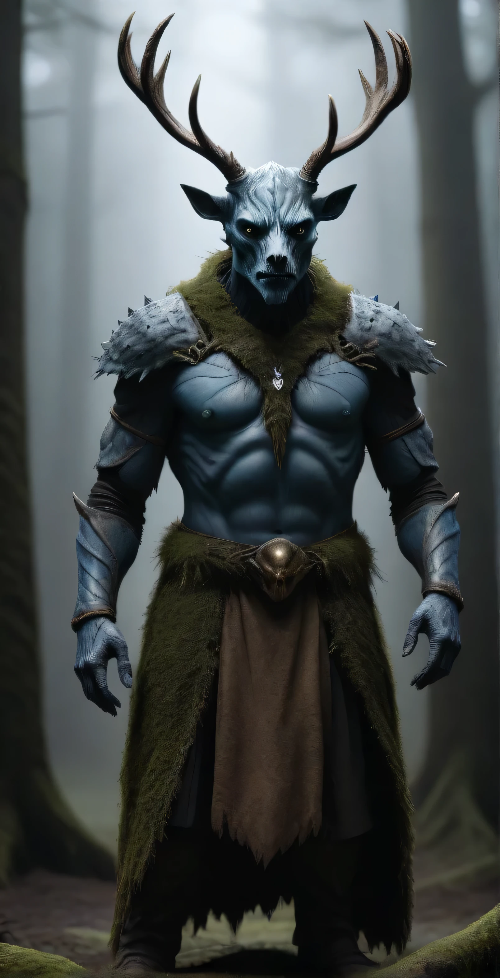 Night King&#39;The eyes are dark blue,whole body portrait of scary monster made of wood, Le Shen, Deer skull as face, moss, Clothes made of human skin, Cold and strong sense of power，Night King has a very unique appearance。His face is like a dry bone, Dark mysterious forest scenery , fantasy, dark fantasy , medieval, whole body , cinematic, make it , 8K, Unreal Engine, actual, masterpiece, high detail, whole body , science fiction, Low life, Volumetric lighting，top quality, light, threatening gesture, fierce look, epic atmosphere,, (((whole body照))), cyborg, clockwork, ((intricate details)), Japanese Trade Zone, ((intricate details, Ultra-detailed)), incandescent lamp, movie shot, vignette, Bokeh effect background, (whole body照).