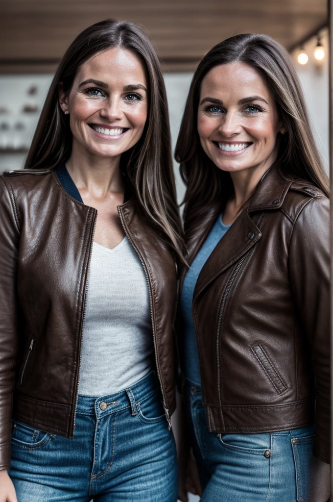 Professional photograph, best quality, 8K, hyper detailed, half body, A close up portrait of two gorgeous, beautiful, wonderful women, argentinian and russian females together posing for the camera, both women have super long hair, argentinian girl has brown hair and russian girl has dark blonde hair, the both of them are wearing winter clothing, both girls are wearing leather jackets. Both women are wonderful, dream, ethereal, timeless, majestic beauties from Argentina and Russia, they're glad, smiling and enjoying taking a picture at ice cream shop. True friendship, like sisters.